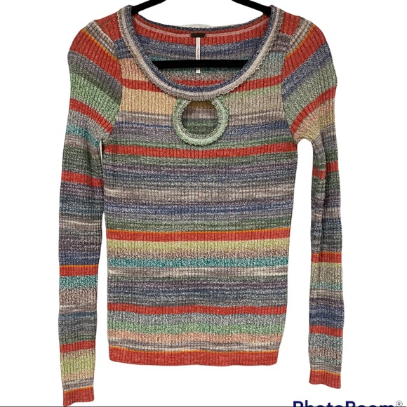 Free People Sweaters - Free People Sunshine Daydream Keyhole Ribbed Fitted Stretchy Stripped Sweater S